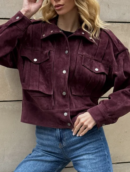 Винтажная женская повседневная куртка из натуральной замши Burgundy - фото 2