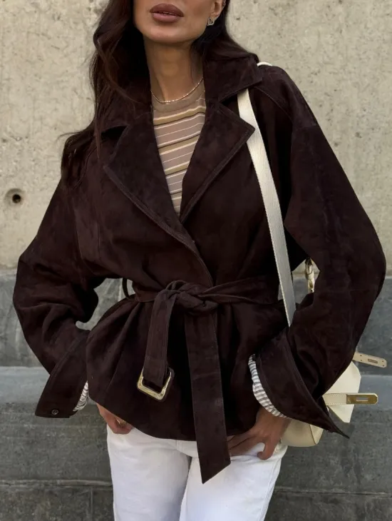 Жакет - куртка из замшевой кожи LUX с поясом - фото 4