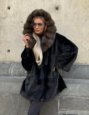 Черный норковый полушубок с капюшоном куница - фото 13