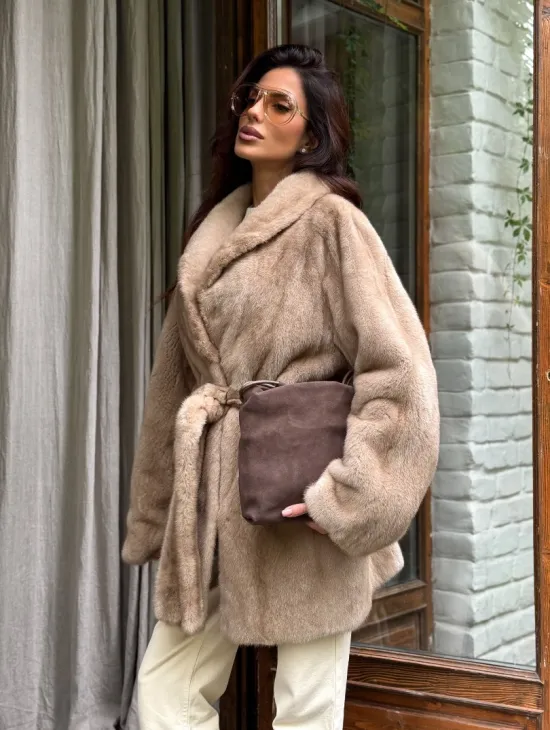 Норковый полушубок с воротником шаль - фото 6