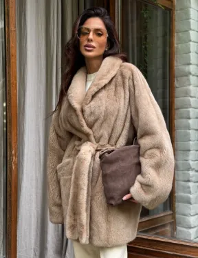 Норковый полушубок с воротником шаль - фото 0