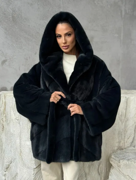 Шуба норковая летучая мышь с капюшоном - фото 11