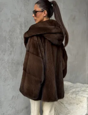 Норковый полушубок с капюшоном - цвет коричневый - фото 3