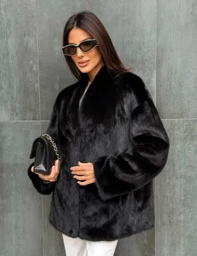 Черный норковый полушубок V-образный воротник - фото 6