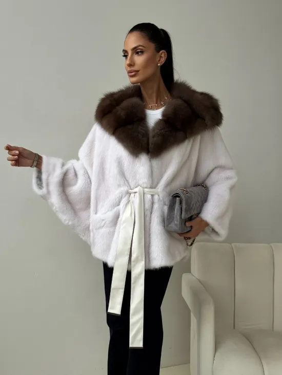 Белый норковый полушубок с куницей -  летучая мышь - фото 10