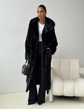 Черная норковая шуба с капюшоном - фото 8