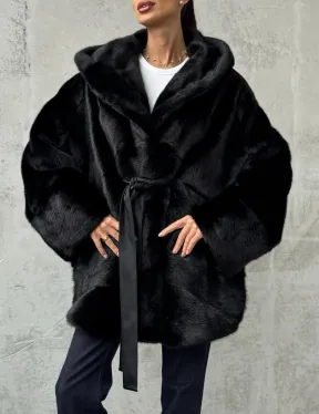 Полушубок черный норковый с капюшоном - фото 3