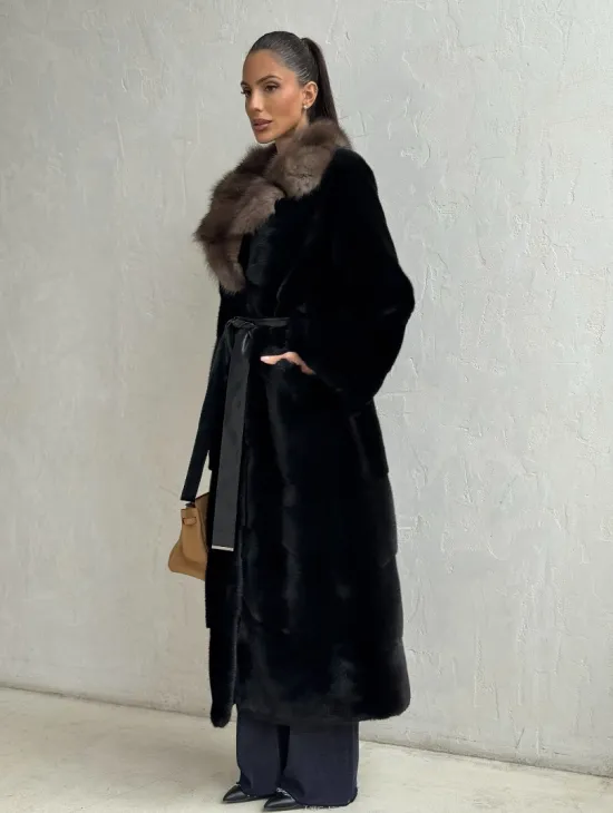 Черная норковая шуба - воротник куница - фото 6