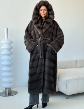 Длинная норковая шуба с капюшоном - графит - фото 7