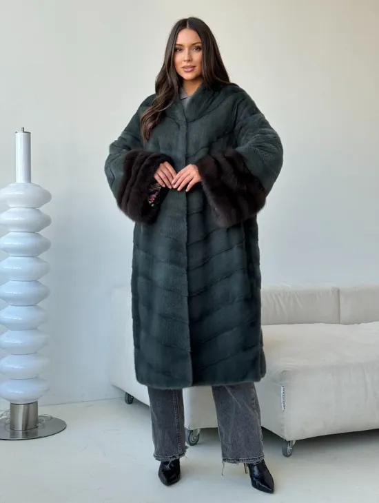 Норковая шуба с манжетами из куницы - цвет зеленый - фото 6