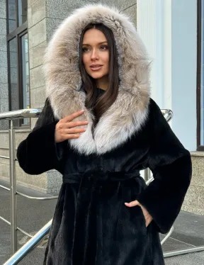 Черная норковая шуба с капюшоном из рыси - фото 9