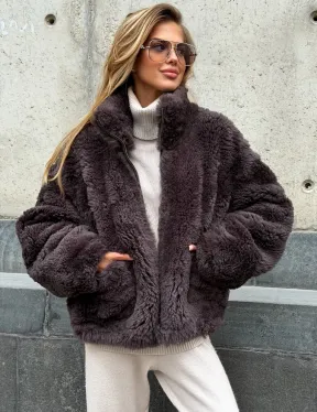 Натуральная двухсторонняя дубленка - бомбер - фото 0