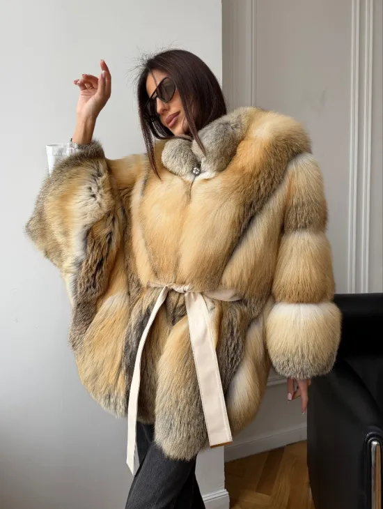 Шуба - пончо из лисы с поясом - фото 9