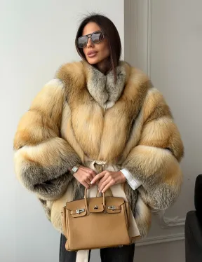 Шуба - пончо из лисы с поясом - фото 14