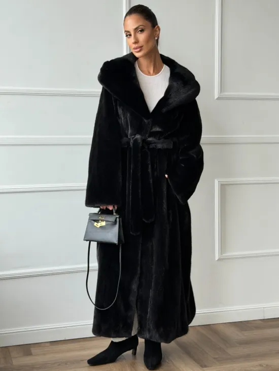 Чёрная норковая шуба модель «кимоно» с капюшоном кобра - фото 6