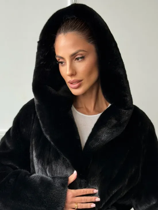 Чёрная норковая шуба модель «кимоно» с капюшоном кобра - фото 5