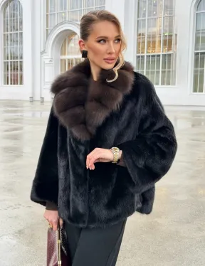 Черный норковый жакет с воротником куницы - фото 13
