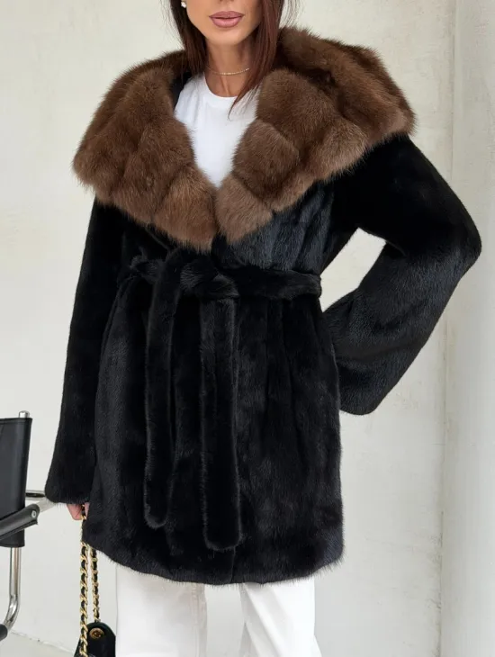 Черная шуба в роспуск с капюшоном соболь - фото 4