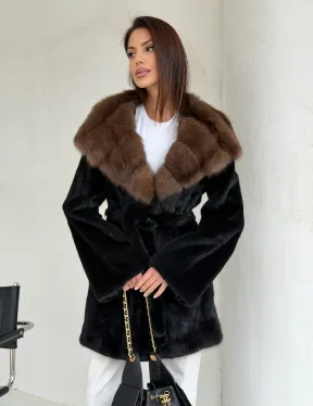 Черная шуба в роспуск с капюшоном соболь - фото 13
