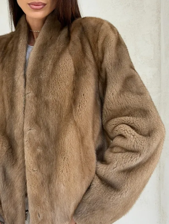 Укороченная шуба из натурального меха норки - пастель - фото 1