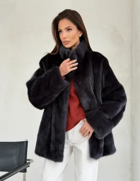 Норковый полушубок графит - стойка воротник - фото 5