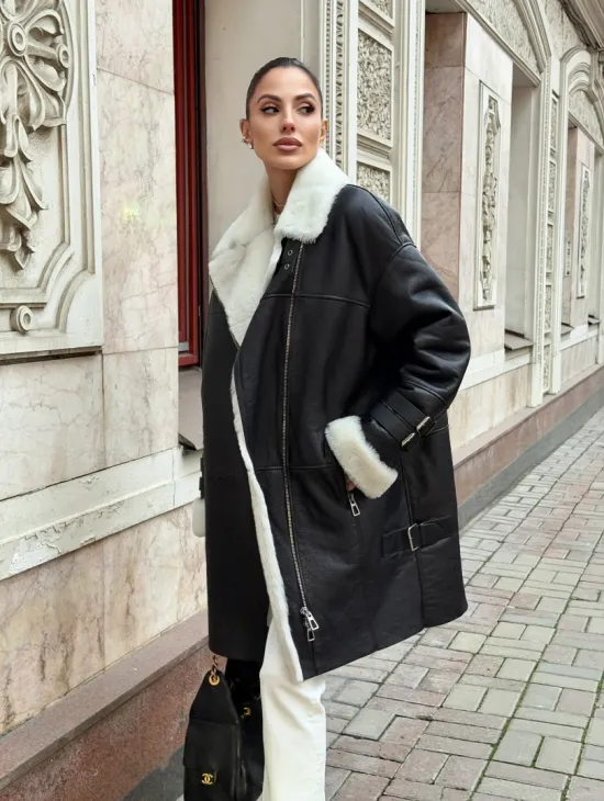 Дубленка авиатор длинная на белой овчине - фото 7