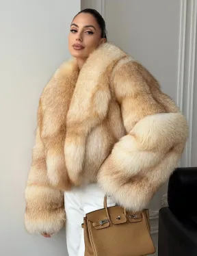 Полушубок-кроп с шалевым воротником из меха песца - фото 0