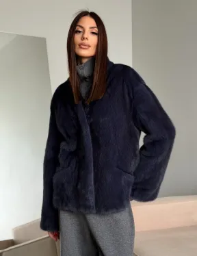 Короткий норковый жакет - синий графит - фото 13