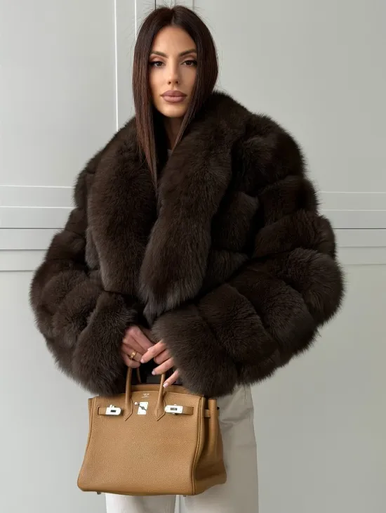 Полушубок-кроп из песца с шалевым воротником - фото 6