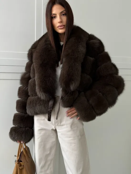 Полушубок-кроп из песца с шалевым воротником - фото 5