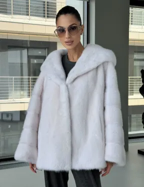 Белый норковый полушубок с капюшоном кобра - фото 0