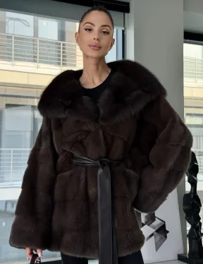 Норковая шуба кимоно с капюшоном куница - фото 8