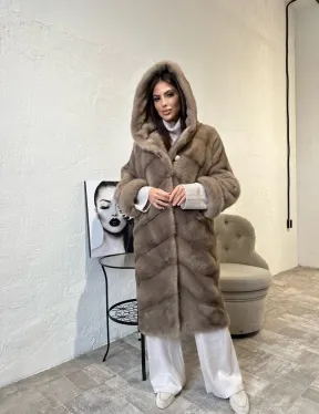 Норковая шуба с капюшоном в цвете пастель - фото 0