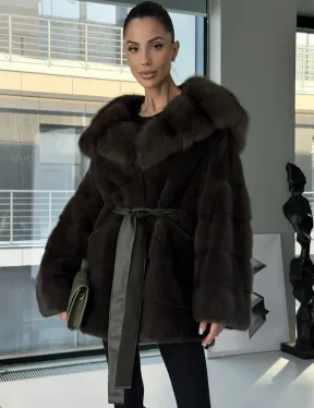 Норковое пончо шуба с капюшоном из меха куницы dark olive - фото 4