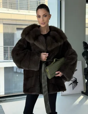 Норковое пончо шуба с капюшоном из меха куницы dark olive - фото 12