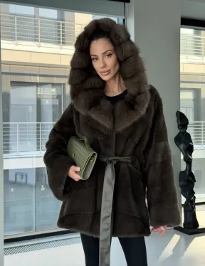 Норковое пончо шуба с капюшоном из меха куницы dark olive - фото 15