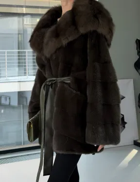 Норковое пончо шуба с капюшоном из меха куницы dark olive - фото 3