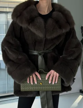 Норковое пончо шуба с капюшоном из меха куницы dark olive - фото 1