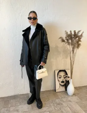 Дубленка авиатор в черном цвете из натуральной овчины - фото 6