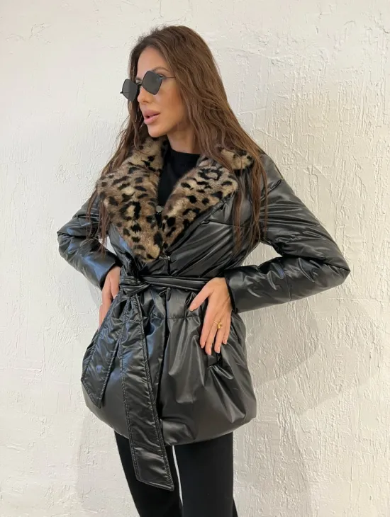 Пуховик с мехом норки в анималистическом принте - фото 6