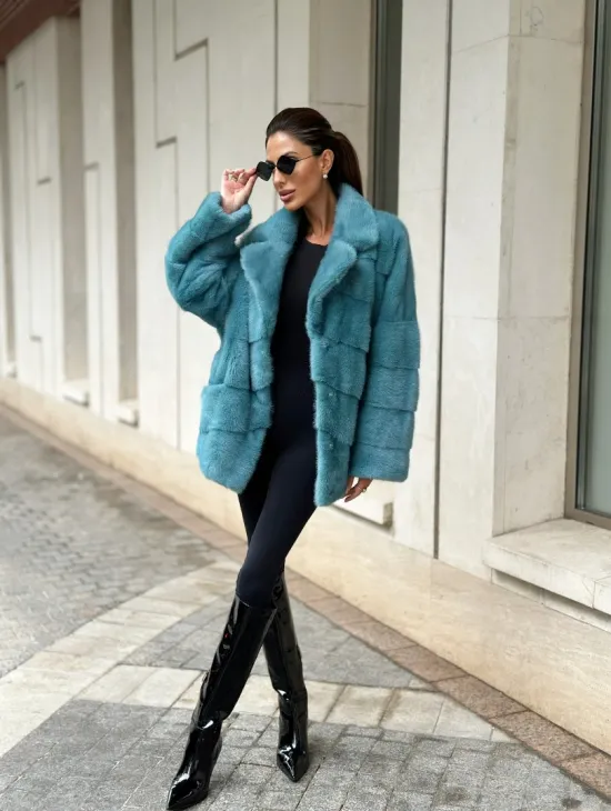 Шуба из норки с английским воротником - цвет тиффани - фото 6