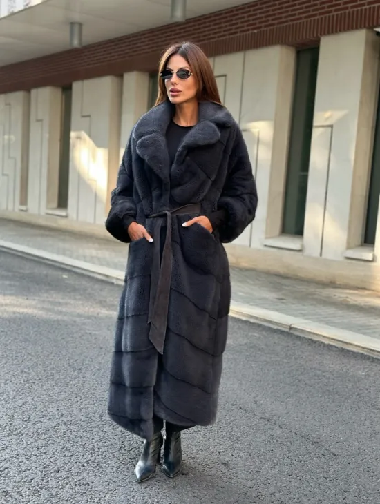 Графит длинная шуба из меха плюшевой норки VELVET - фото 5