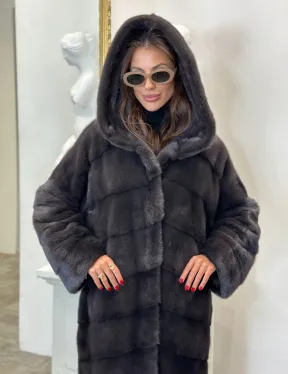 Норковая шуба в цвете графитовый уголь с капюшоном - фото 1