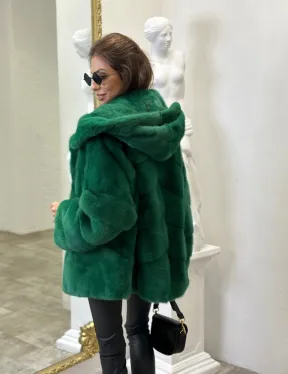 Норковый полушубок с капюшоном - цвет изумруд - фото 4