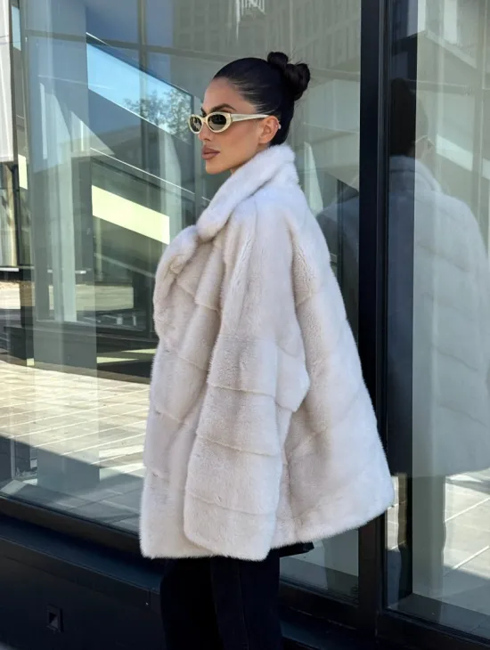 Короткая норковая шуба с английским воротником - цвет ваниль - фото 5