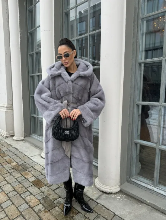 Норка кимоно паркет с капюшоном - цвет серый сапфир - фото 8