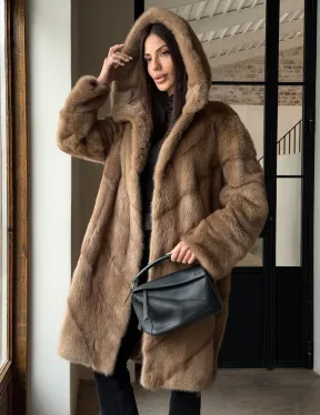Норковая шуба с капюшоном - цвет пастель - фото 9