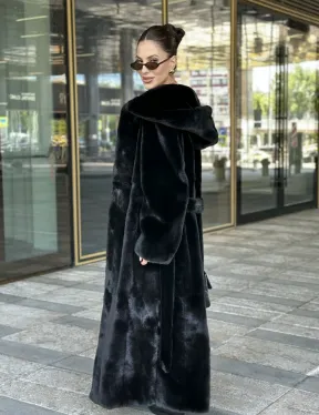 Удлиненная шуба из норки BLACKGLAMA с капюшоном - фото 9